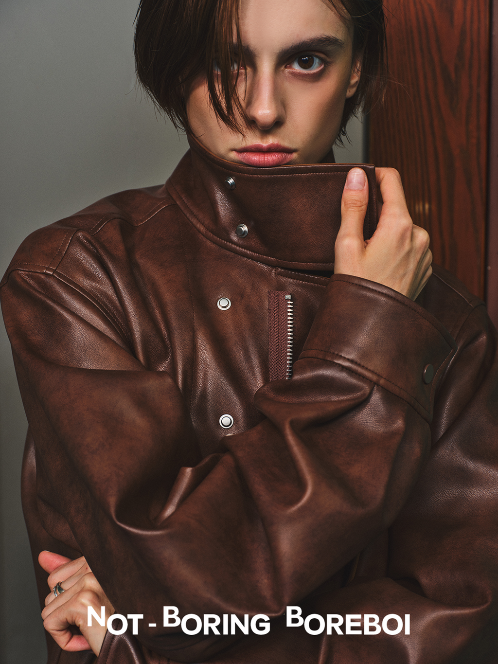 Vintage-style (brown-toned) leather biker jacket