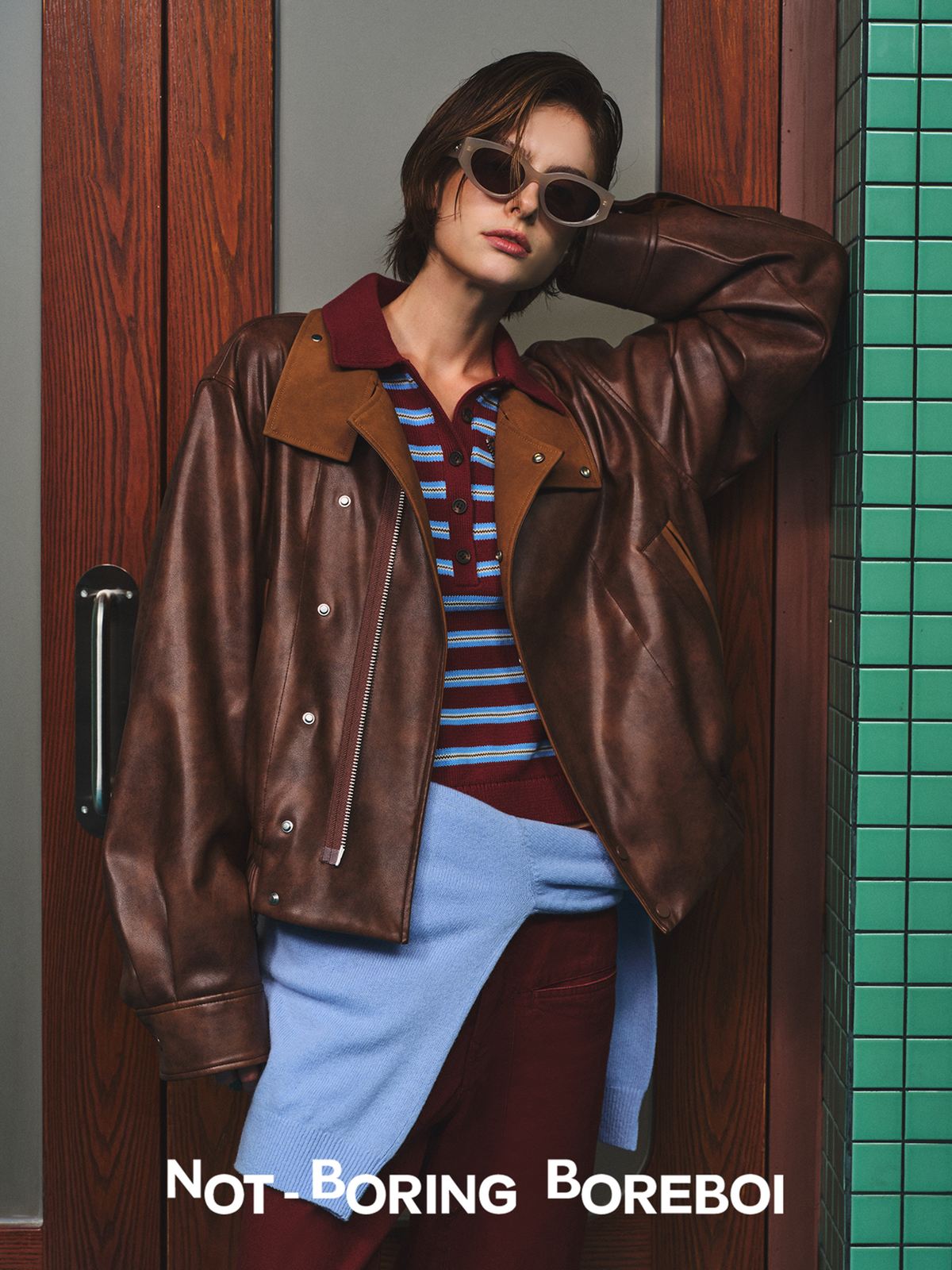 Vintage-style (brown-toned) leather biker jacket