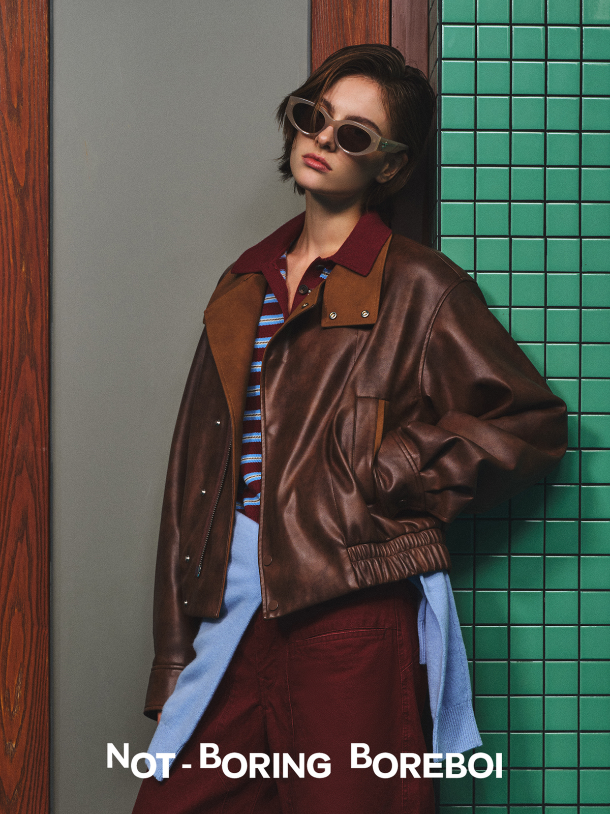 Vintage-style (brown-toned) leather biker jacket